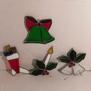 4 Vintage Christmas Sun Catchers Stained Glass Stocking Bells Candle